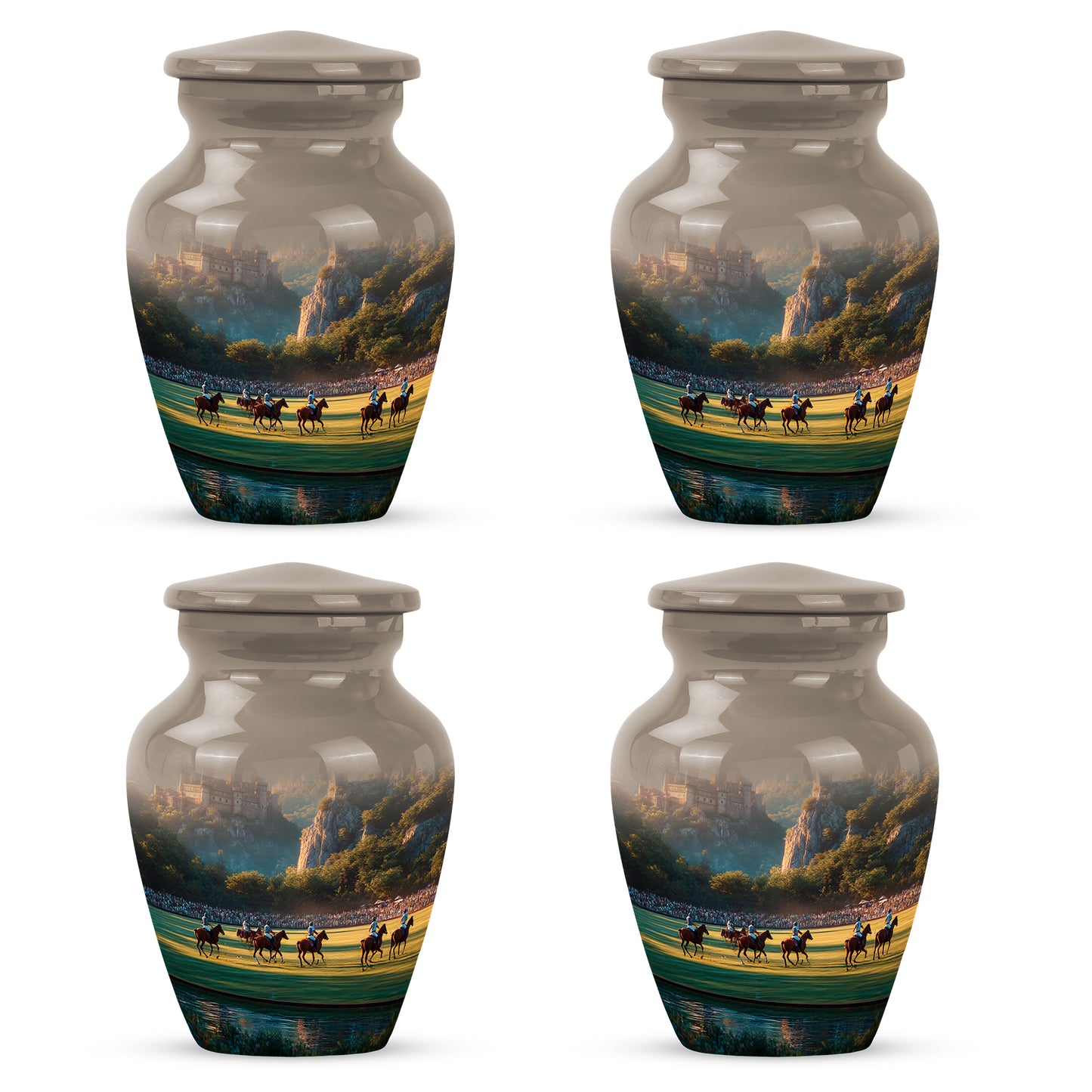 Harvest Gold Horse Polo Cremation Urn side profile showing urn shape - elegant classic horse polo relief with fine detailing - 10 inch aluminum urn for cremated remains