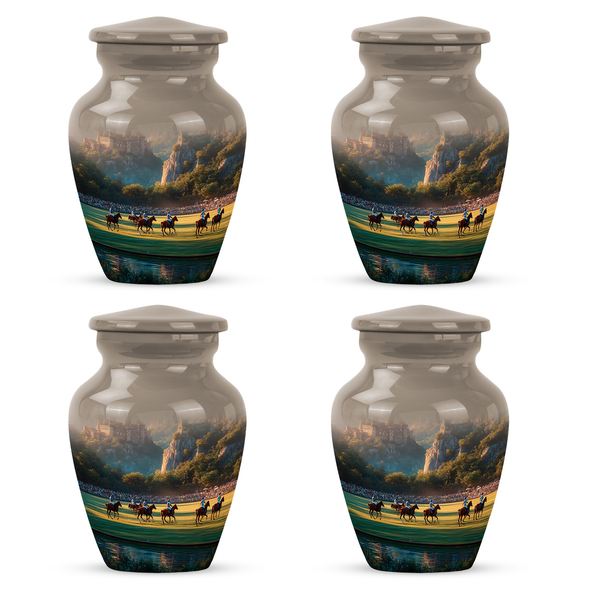 Harvest Gold Horse Polo Cremation Urn side profile showing urn shape - elegant classic horse polo relief with fine detailing - 10 inch aluminum urn for cremated remains