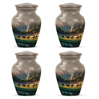 Harvest Gold Horse Polo Cremation Urn side profile showing urn shape - elegant classic horse polo relief with fine detailing - 10 inch aluminum urn for cremated remains