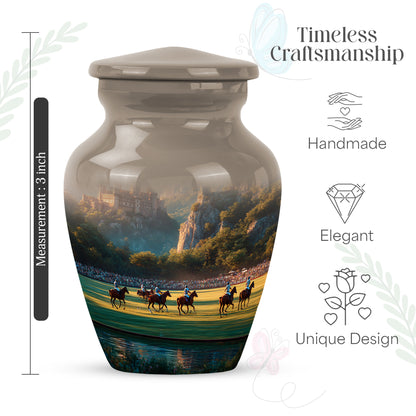 Champagne Gold Horse Polo Cremation Urn close-up of engraving and surface detail - timeless horse polo motif etched into premium metal - mini keepsake memorial for portion of cremation ashes