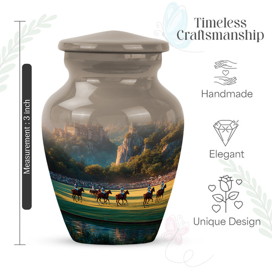 Champagne Gold Horse Polo Cremation Urn close-up of engraving and surface detail - timeless horse polo motif etched into premium metal - mini keepsake memorial for portion of cremation ashes