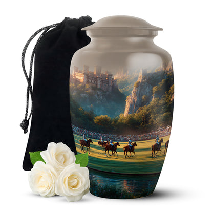 Matte Gold Horse Polo Cremation Urn angled view of lid and engraved motif - traditional horse polo engraving with hand-polished finish - full-size 10 inch 200 cubic inch adult cremation urn