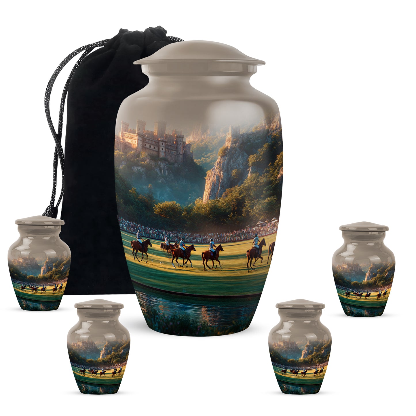 Antique Gold Horse Polo Cremation Urn top-down view of secure threaded lid - timeless horse polo motif etched into premium metal - memorial set with one large and four small urns