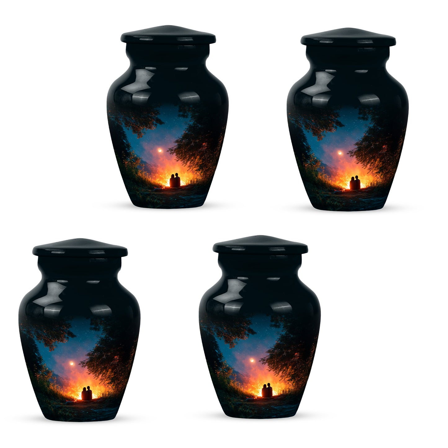 Sea Green Teal Campfire Cremation Urn side profile showing urn shape - classic sculpted campfire pattern on smooth aluminum - 10 inch aluminum urn for cremated remains