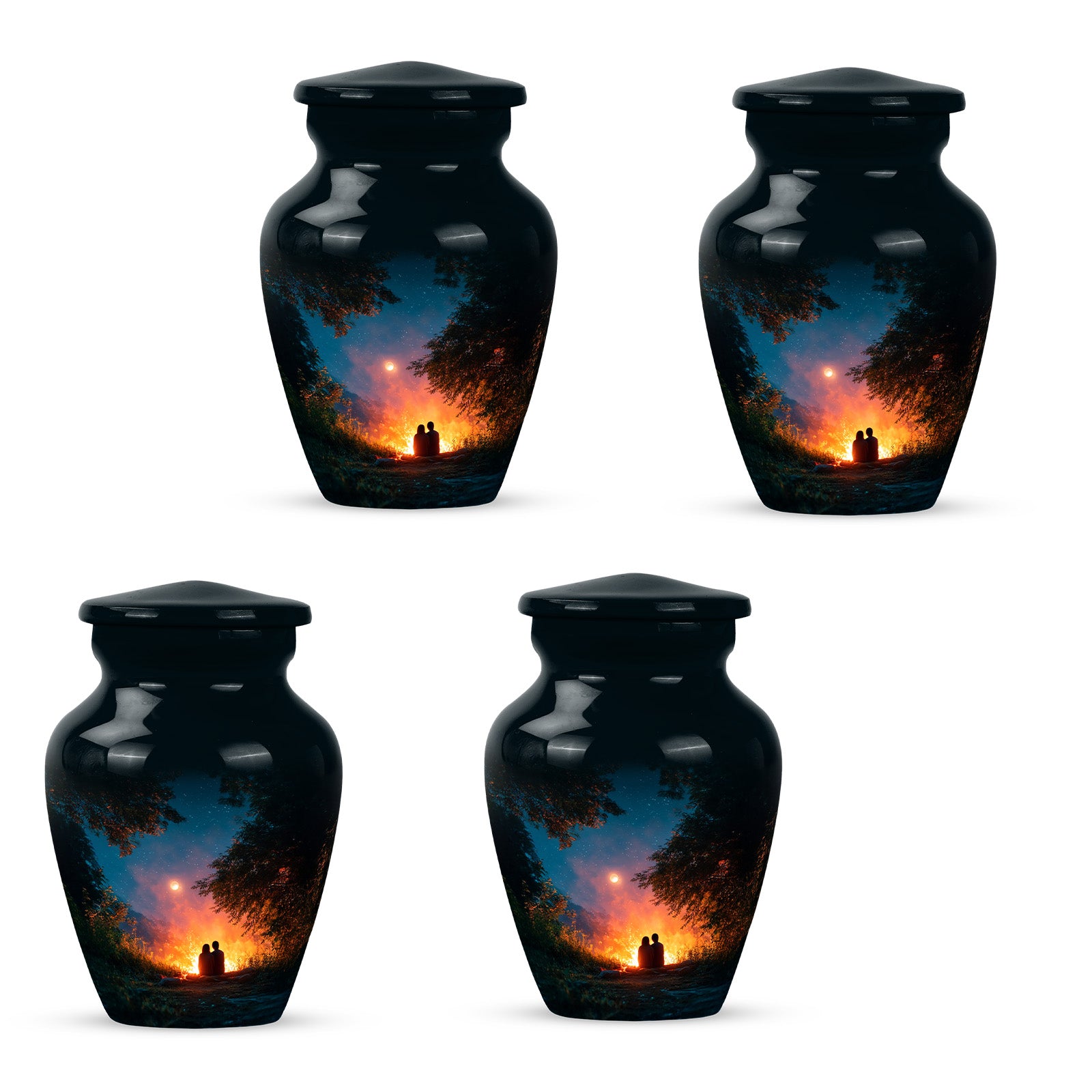 Sea Green Teal Campfire Cremation Urn side profile showing urn shape - classic sculpted campfire pattern on smooth aluminum - 10 inch aluminum urn for cremated remains