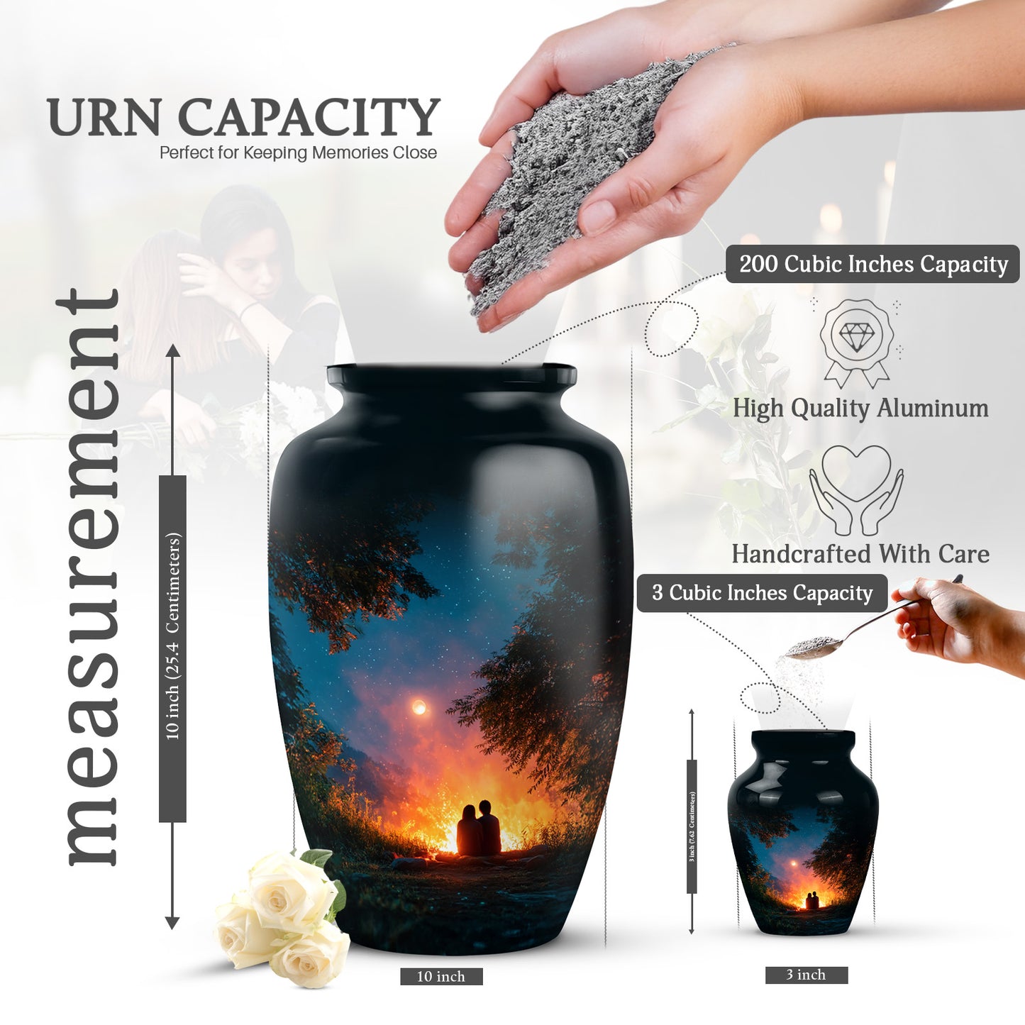 Vivid Teal Campfire Cremation Urn close-up of engraving and surface detail - elegant classic campfire relief with fine detailing - mini keepsake memorial for portion of cremation ashes
