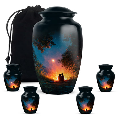 Ocean Teal Campfire Cremation Urn top-down view of secure threaded lid - timeless campfire motif etched into premium metal - memorial set with one large and four small urns