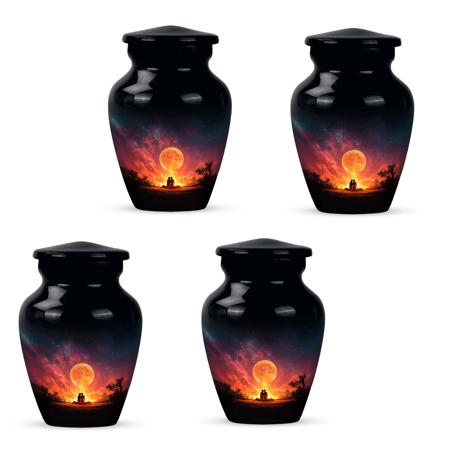 Jet Black Campfire Cremation Urn side profile showing urn shape - timeless campfire motif etched into premium metal - 10 inch aluminum urn for cremated remains