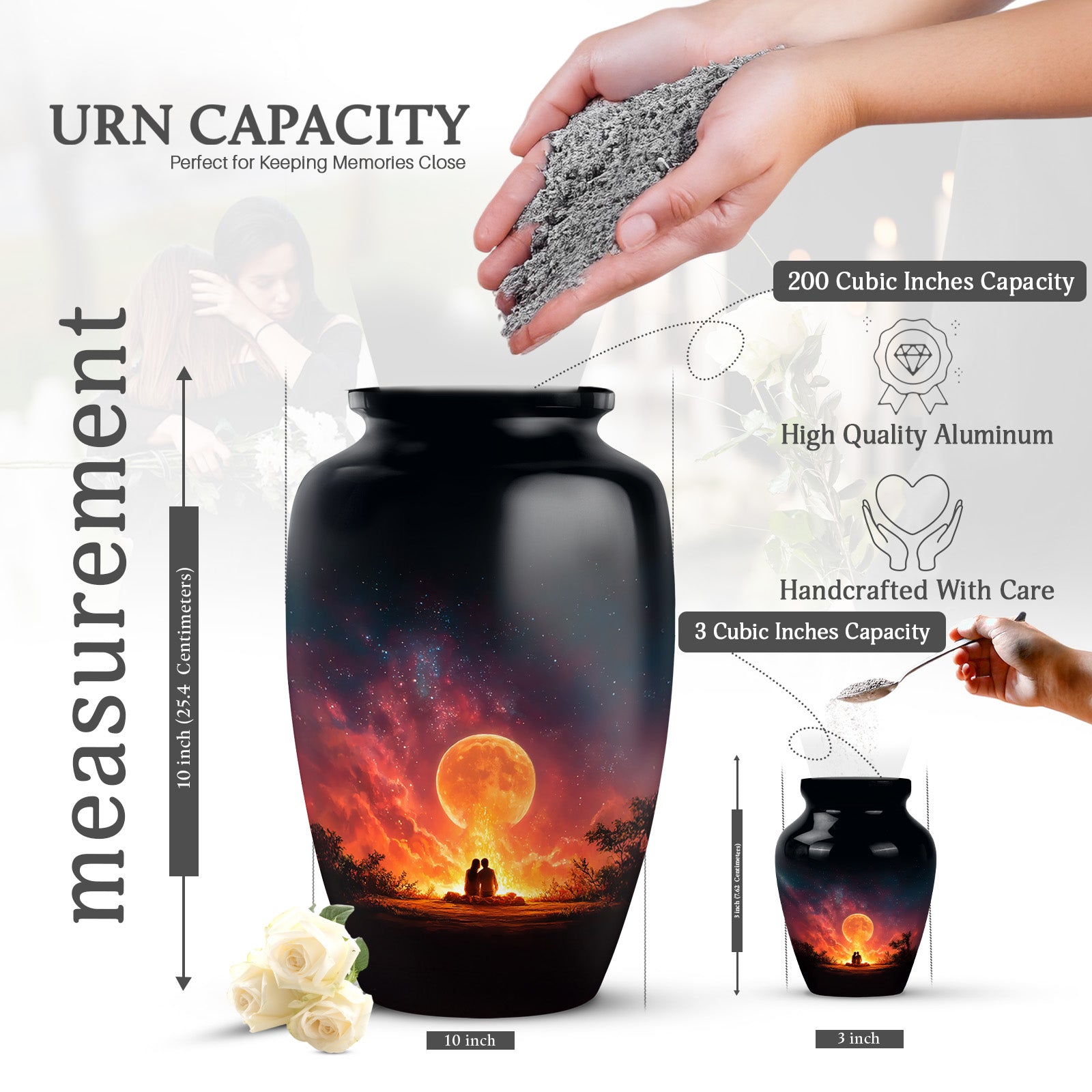Onyx Black Campfire Cremation Urn close-up of engraving and surface detail - traditional campfire engraving with hand-polished finish - mini keepsake memorial for portion of cremation ashes