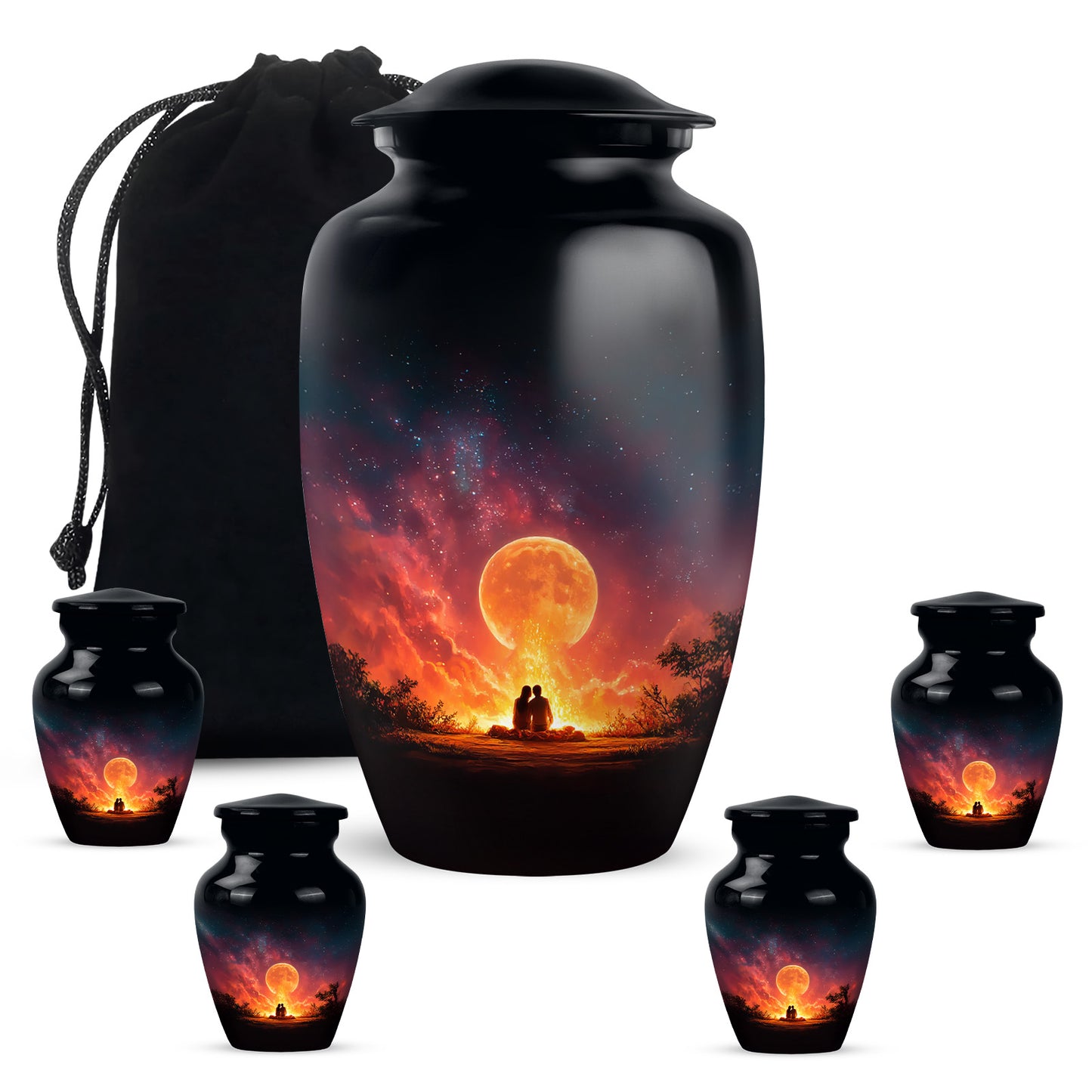 Rich Black Campfire Cremation Urn top-down view of secure threaded lid - timeless campfire motif etched into premium metal - memorial set with one large and four small urns