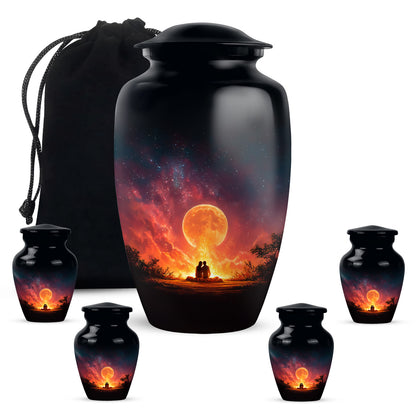 Rich Black Campfire Cremation Urn top-down view of secure threaded lid - timeless campfire motif etched into premium metal - memorial set with one large and four small urns