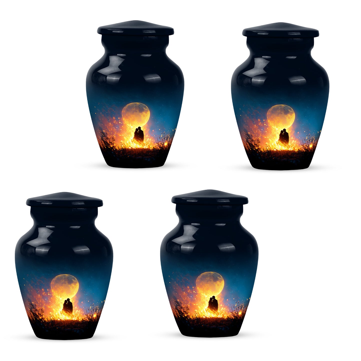 Twilight Blue Campfire Cremation Urn side profile showing urn shape - elegant classic campfire relief with fine detailing - 10 inch aluminum urn for cremated remains