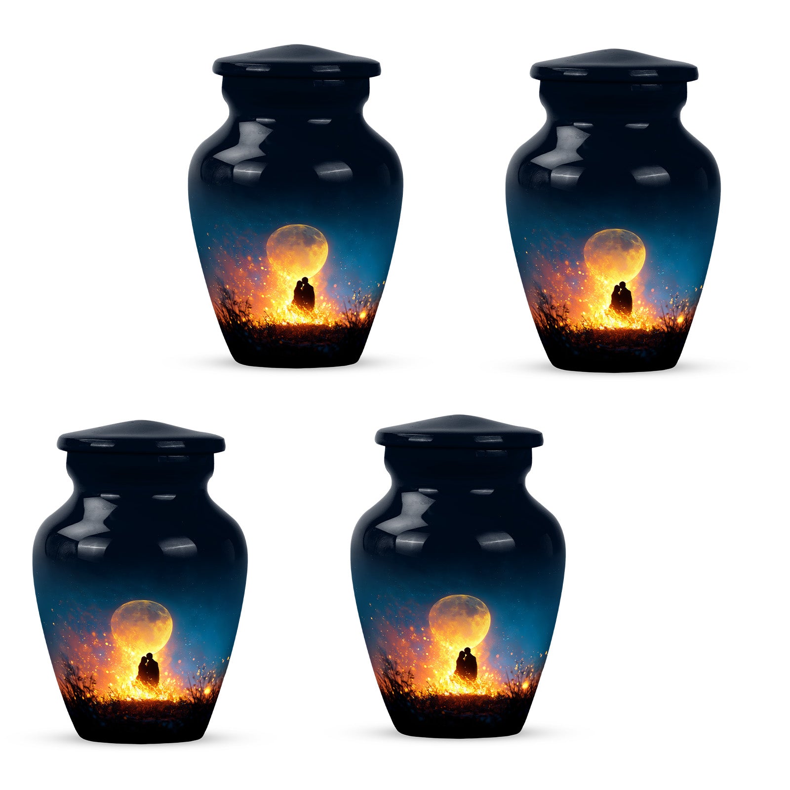 Twilight Blue Campfire Cremation Urn side profile showing urn shape - elegant classic campfire relief with fine detailing - 10 inch aluminum urn for cremated remains