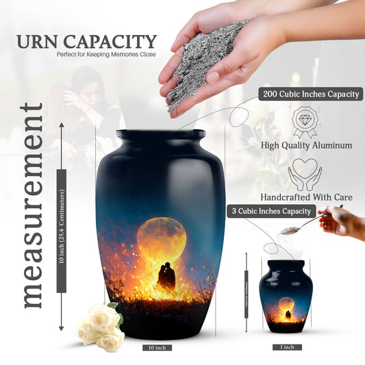 Slate Blue Campfire Cremation Urn close-up of engraving and surface detail - classic sculpted campfire pattern on smooth aluminum - mini keepsake memorial for portion of cremation ashes
