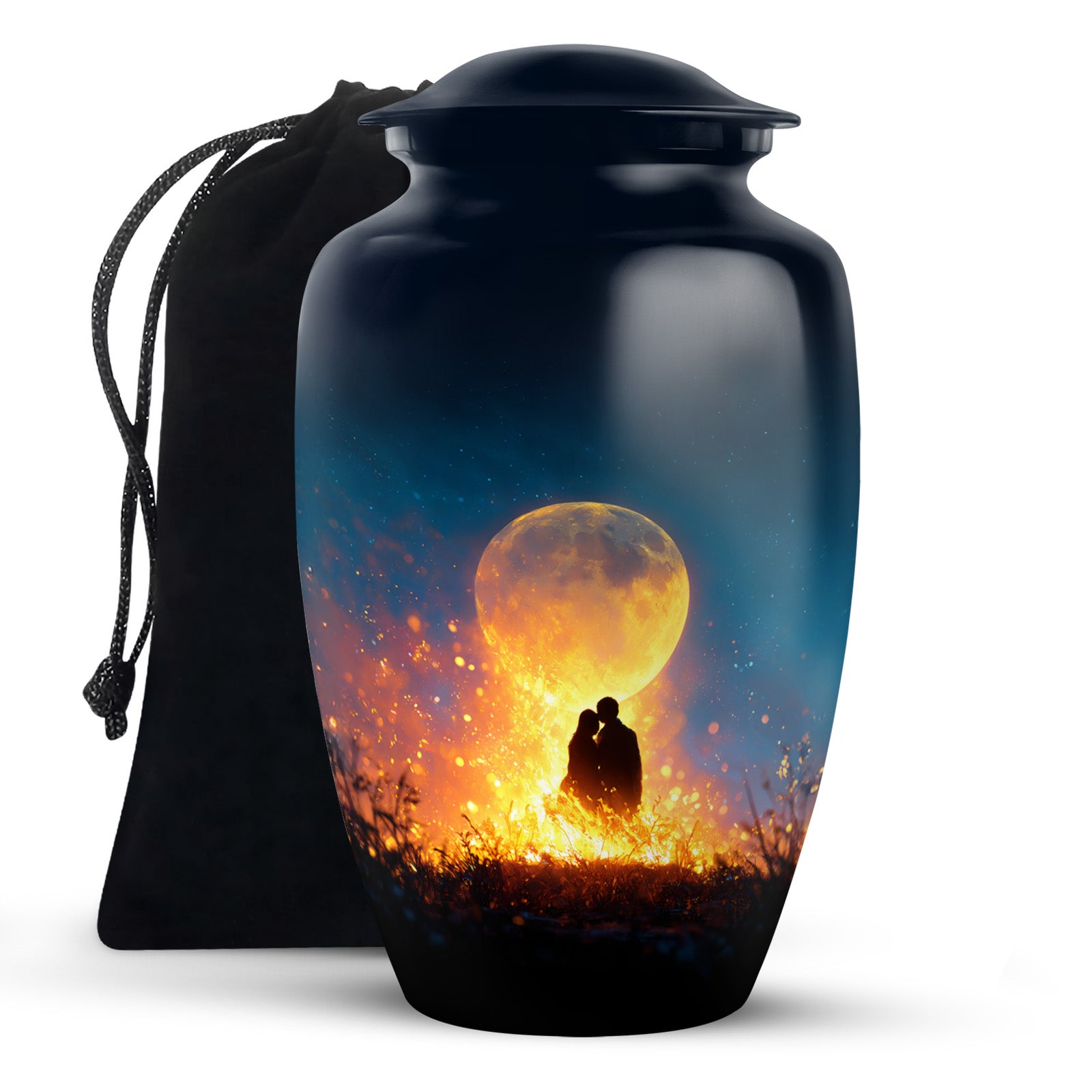 Vivid Blue Campfire Cremation Urn angled view of lid and engraved motif - traditional campfire engraving with hand-polished finish - full-size 10 inch 200 cubic inch adult cremation urn