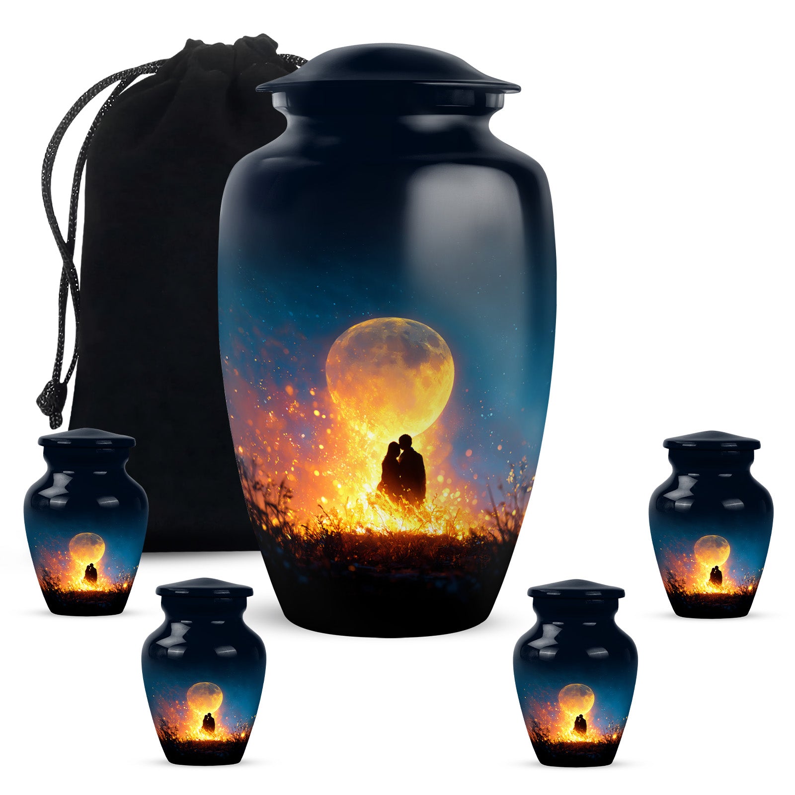 Calming Blue Campfire Cremation Urn top-down view of secure threaded lid - traditional campfire engraving with hand-polished finish - memorial set with one large and four small urns