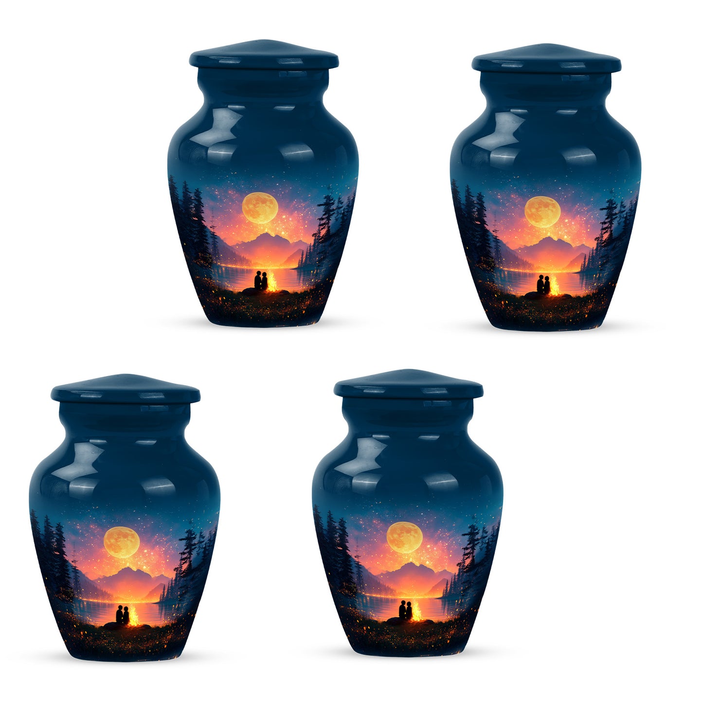 Celestial Blue Campfire Cremation Urn side profile showing urn shape - classic sculpted campfire pattern on smooth aluminum - 10 inch aluminum urn for cremated remains