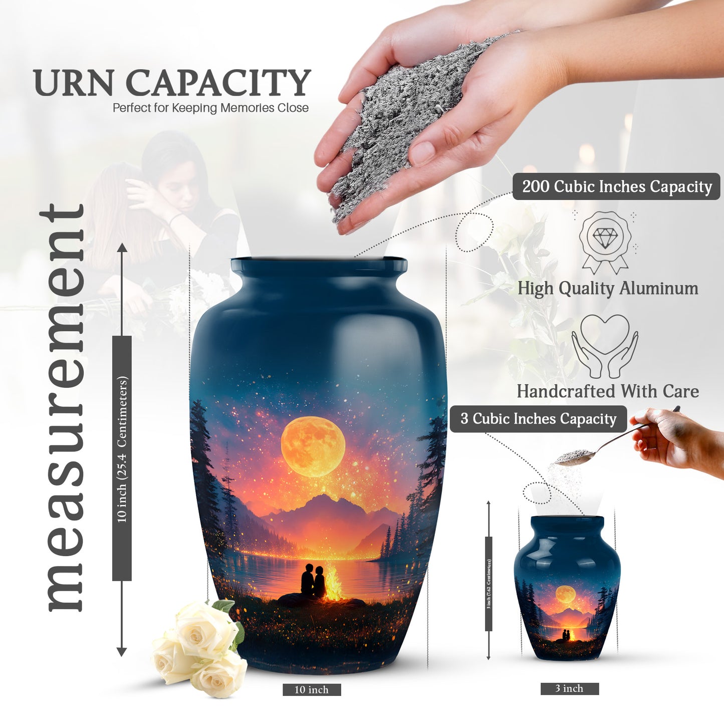 Dusty Blue Campfire Cremation Urn close-up of engraving and surface detail - timeless campfire motif etched into premium metal - mini keepsake memorial for portion of cremation ashes