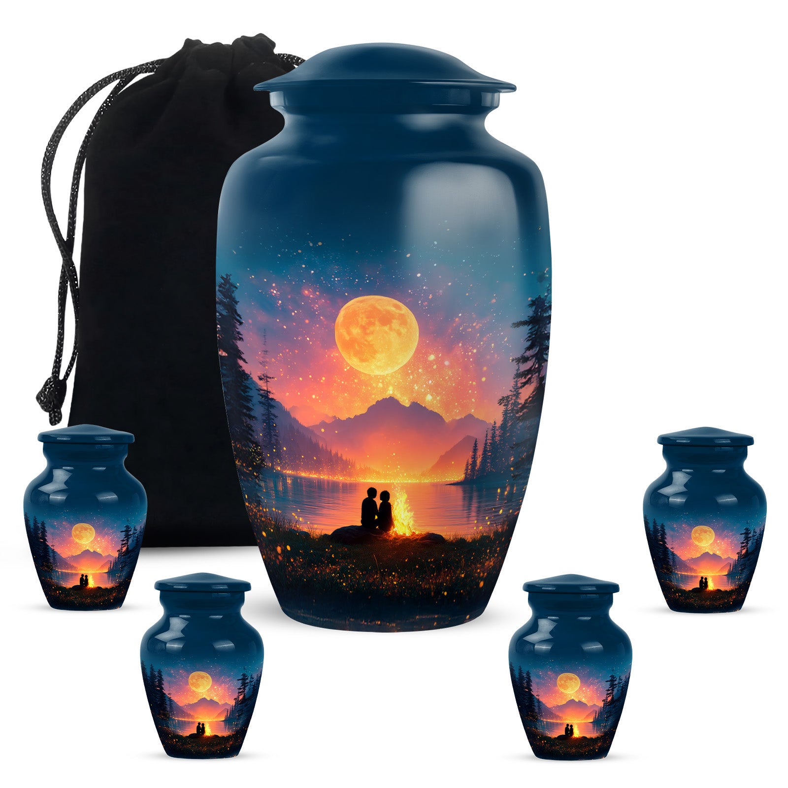 Cobalt Blue Campfire Cremation Urn top-down view of secure threaded lid - traditional campfire engraving with hand-polished finish - memorial set with one large and four small urns