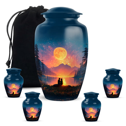 Cobalt Blue Campfire Cremation Urn top-down view of secure threaded lid - traditional campfire engraving with hand-polished finish - memorial set with one large and four small urns