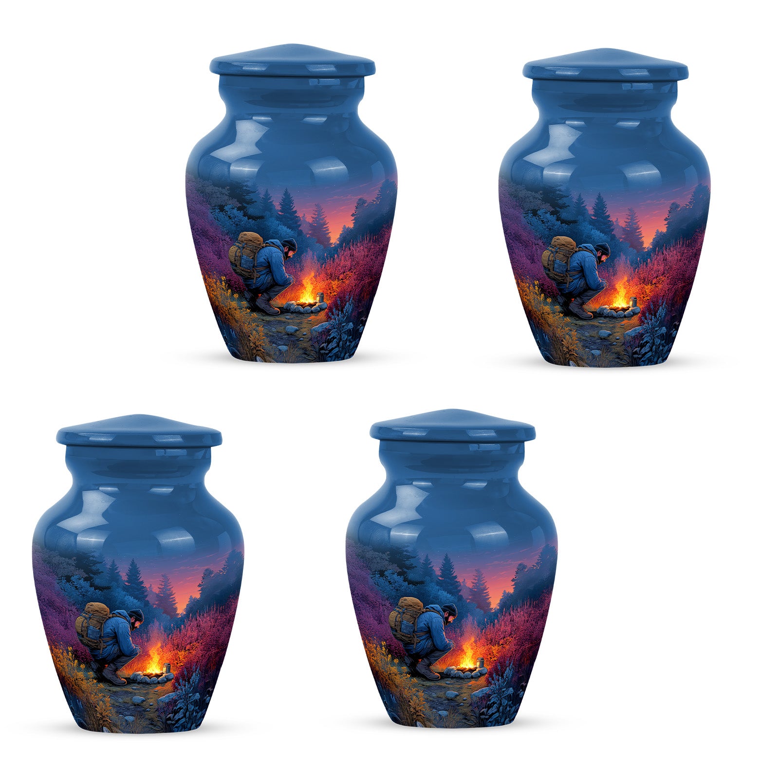 Powder Blue Campfire Cremation Urn side profile showing urn shape - timeless campfire motif etched into premium metal - 10 inch aluminum urn for cremated remains