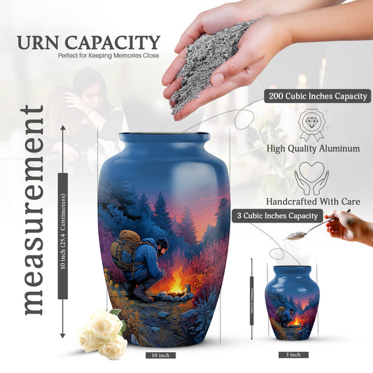 Sky Blue Campfire Cremation Urn close-up of engraving and surface detail - classic sculpted campfire pattern on smooth aluminum - mini keepsake memorial for portion of cremation ashes