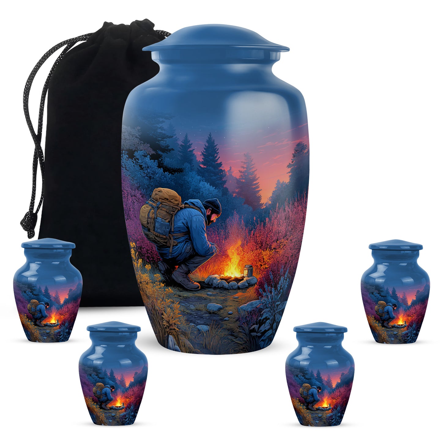 Sapphire Blue Campfire Cremation Urn top-down view of secure threaded lid - traditional campfire engraving with hand-polished finish - memorial set with one large and four small urns