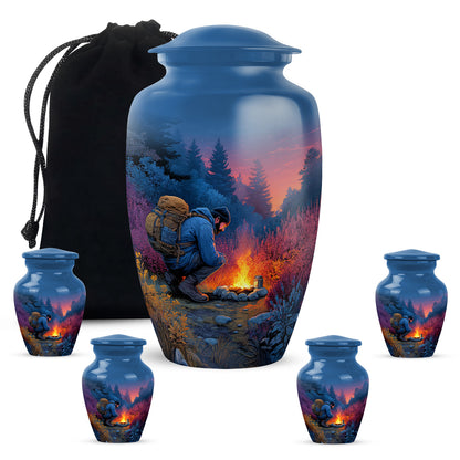 Sapphire Blue Campfire Cremation Urn top-down view of secure threaded lid - traditional campfire engraving with hand-polished finish - memorial set with one large and four small urns