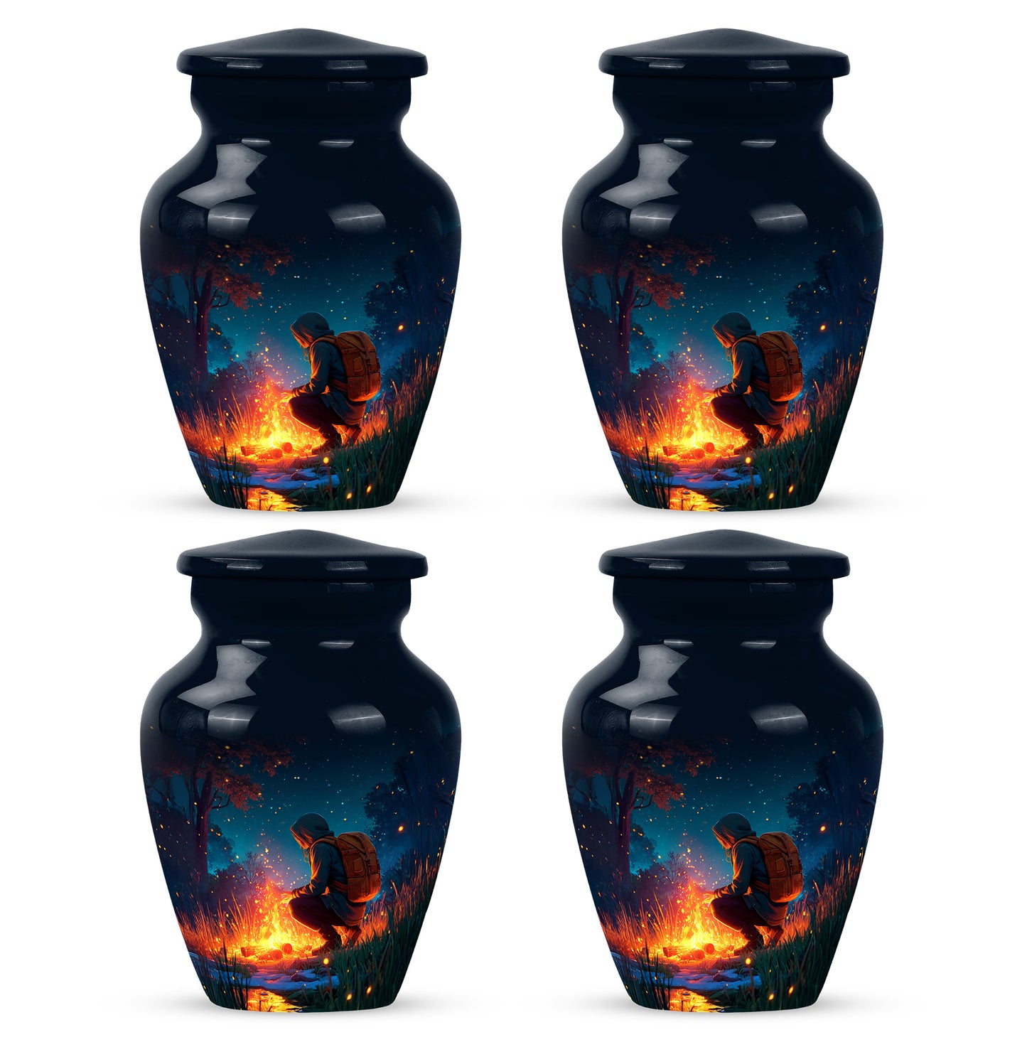 Sky Blue Campfire Cremation Urn side profile showing urn shape - classic sculpted campfire pattern on smooth aluminum - 10 inch aluminum urn for cremated remains