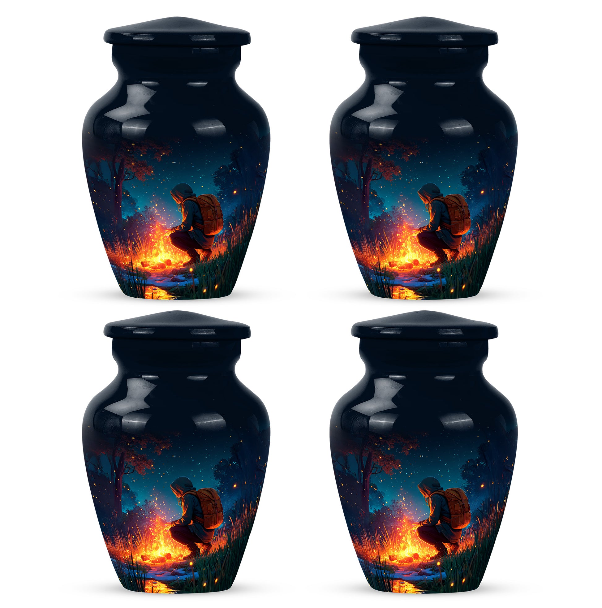 Sky Blue Campfire Cremation Urn side profile showing urn shape - classic sculpted campfire pattern on smooth aluminum - 10 inch aluminum urn for cremated remains