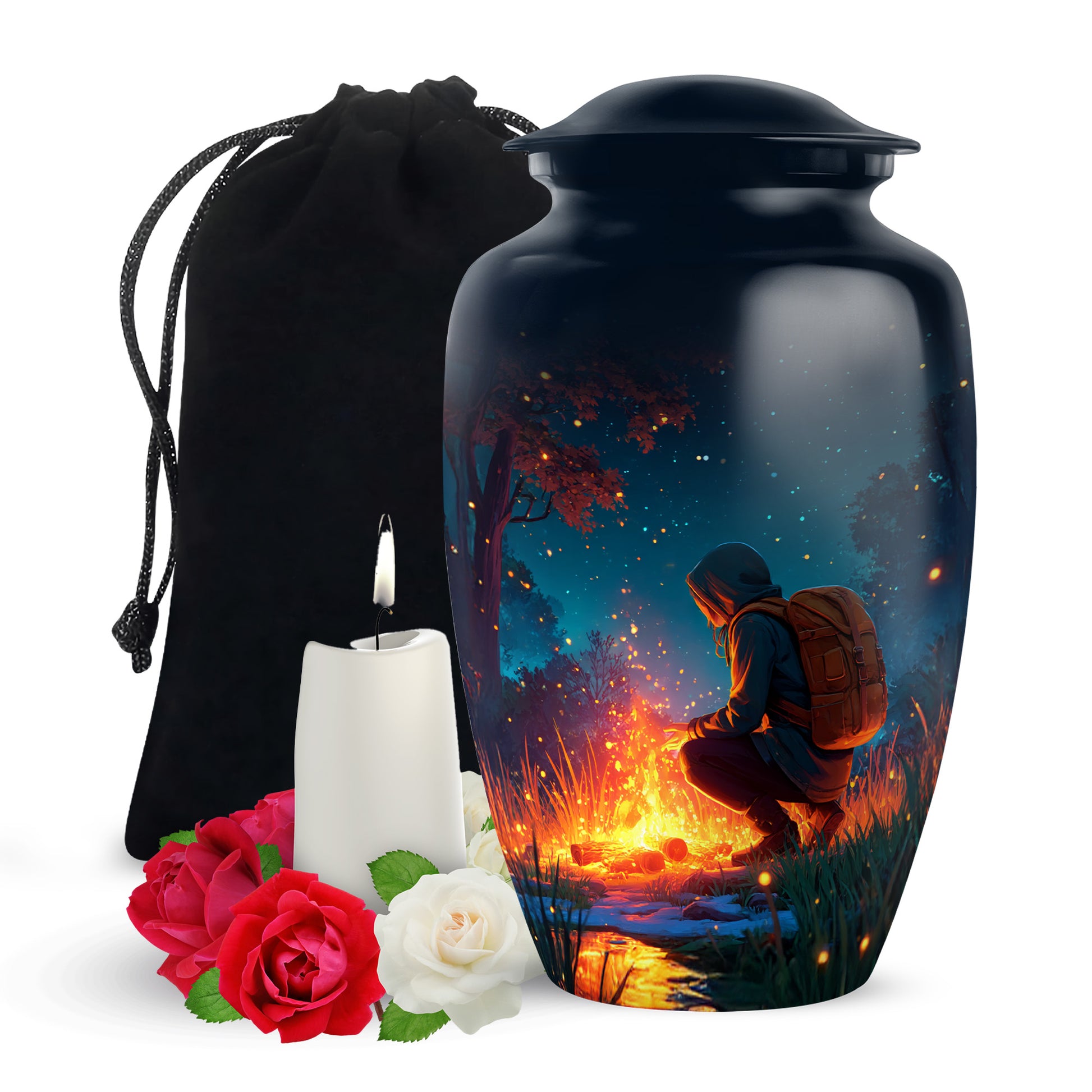 Navy Blue Campfire Cremation Urn angled view of lid and engraved motif - classic sculpted campfire pattern on smooth aluminum - full-size 10 inch 200 cubic inch adult cremation urn