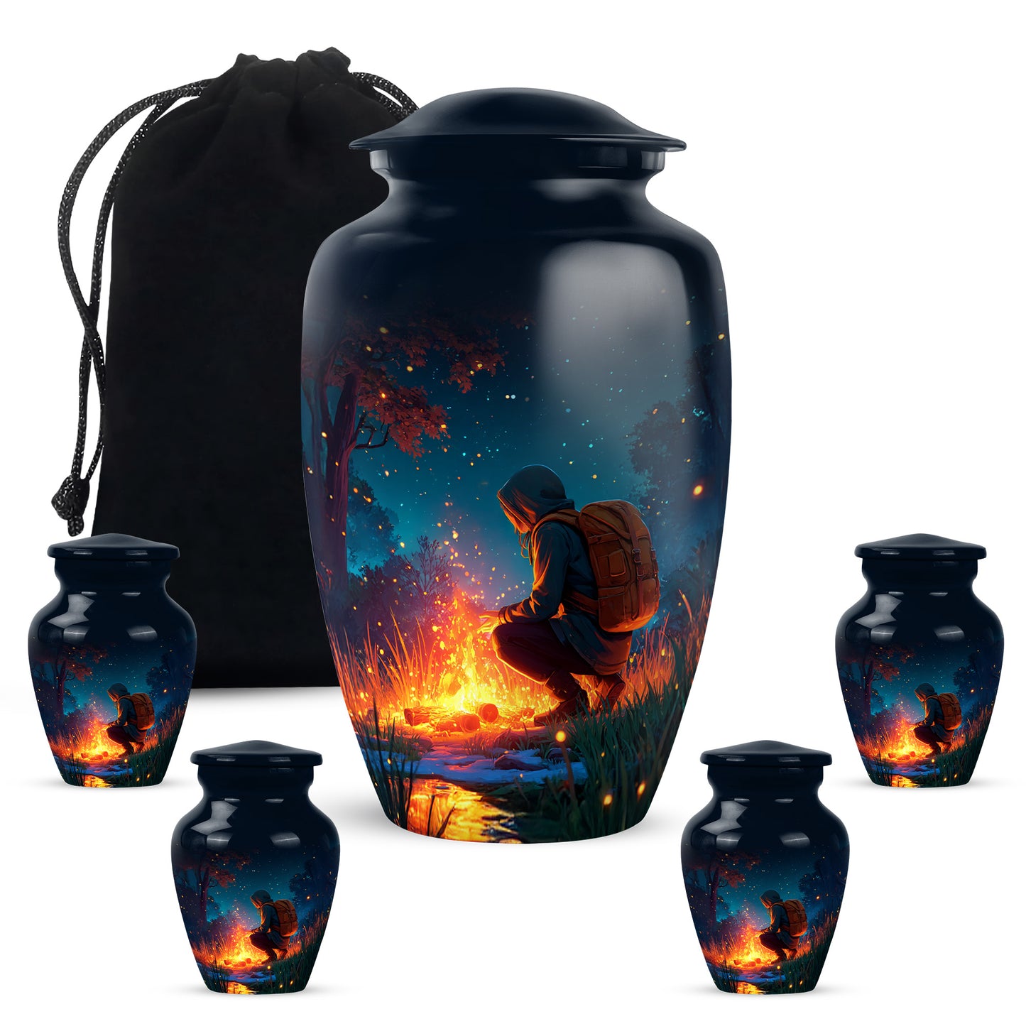 Azure Campfire Cremation Urn top-down view of secure threaded lid - classic sculpted campfire pattern on smooth aluminum - memorial set with one large and four small urns