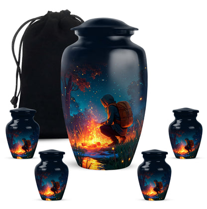 Azure Campfire Cremation Urn top-down view of secure threaded lid - classic sculpted campfire pattern on smooth aluminum - memorial set with one large and four small urns