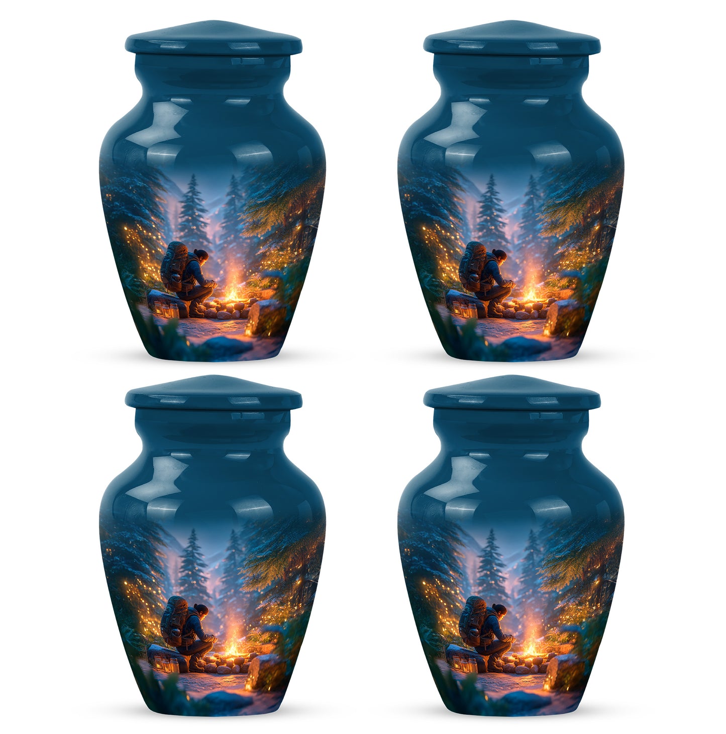 Navy Blue Campfire Cremation Urn side profile showing urn shape - classic sculpted campfire pattern on smooth aluminum - 10 inch aluminum urn for cremated remains