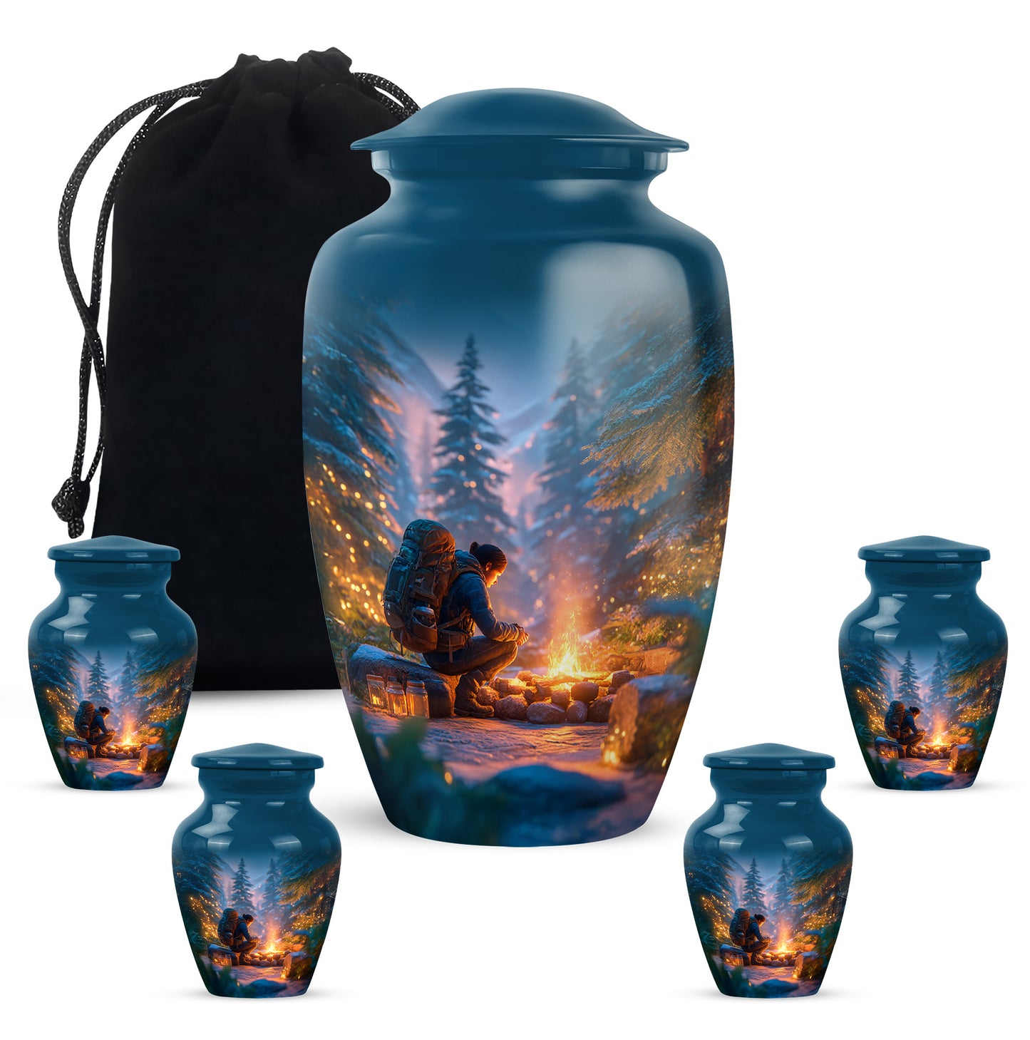 Slate Blue Campfire Cremation Urn top-down view of secure threaded lid - timeless campfire motif etched into premium metal - memorial set with one large and four small urns