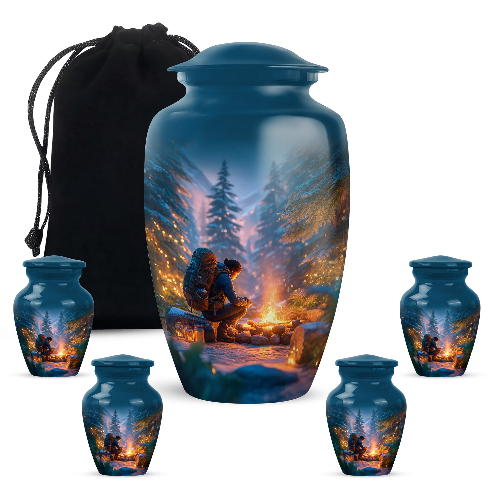 Slate Blue Campfire Cremation Urn top-down view of secure threaded lid - timeless campfire motif etched into premium metal - memorial set with one large and four small urns