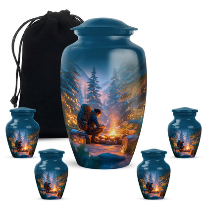 Slate Blue Campfire Cremation Urn top-down view of secure threaded lid - timeless campfire motif etched into premium metal - memorial set with one large and four small urns