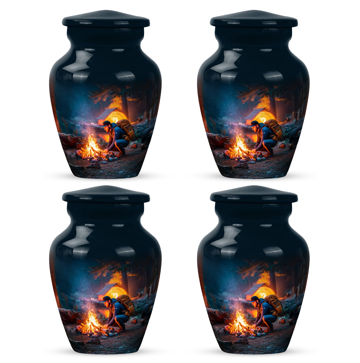 Serene Blue Campfire Cremation Urn side profile showing urn shape - elegant classic campfire relief with fine detailing - 10 inch aluminum urn for cremated remains