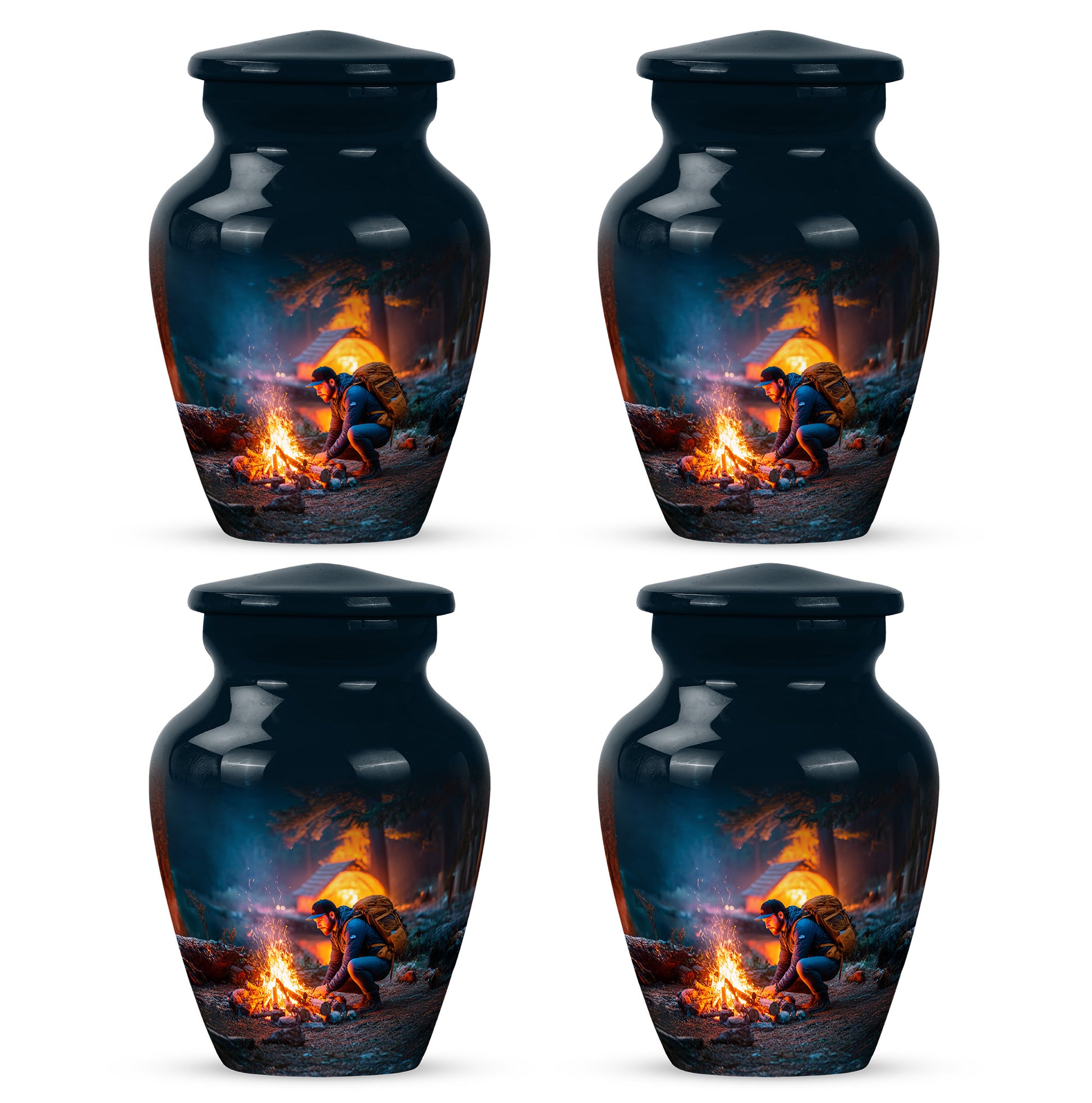 Serene Blue Campfire Cremation Urn side profile showing urn shape - elegant classic campfire relief with fine detailing - 10 inch aluminum urn for cremated remains
