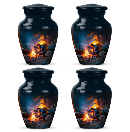 Serene Blue Campfire Cremation Urn side profile showing urn shape - elegant classic campfire relief with fine detailing - 10 inch aluminum urn for cremated remains