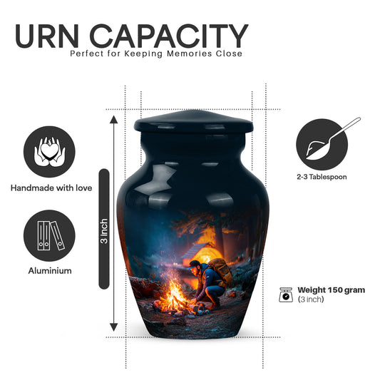 Azure Campfire Cremation Urn close-up of engraving and surface detail - classic sculpted campfire pattern on smooth aluminum - mini keepsake memorial for portion of cremation ashes