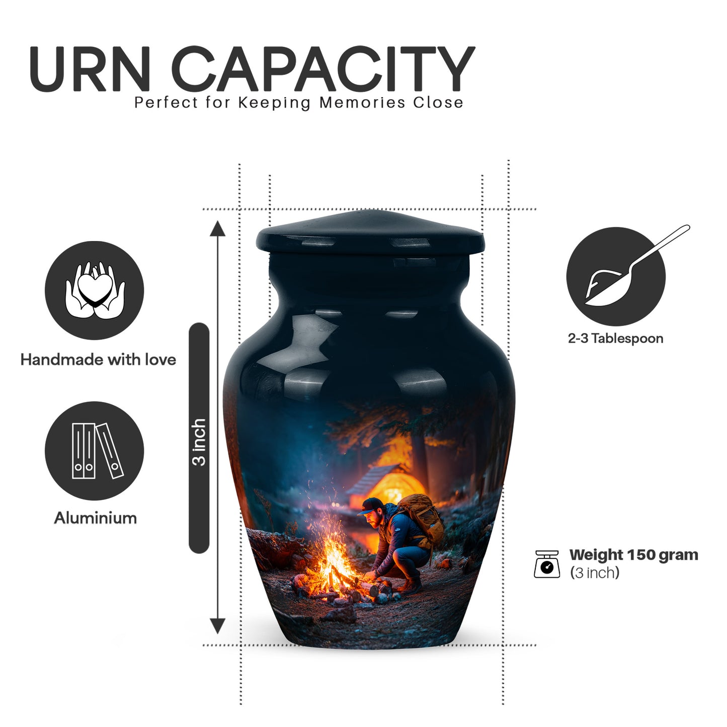 Azure Campfire Cremation Urn close-up of engraving and surface detail - classic sculpted campfire pattern on smooth aluminum - mini keepsake memorial for portion of cremation ashes