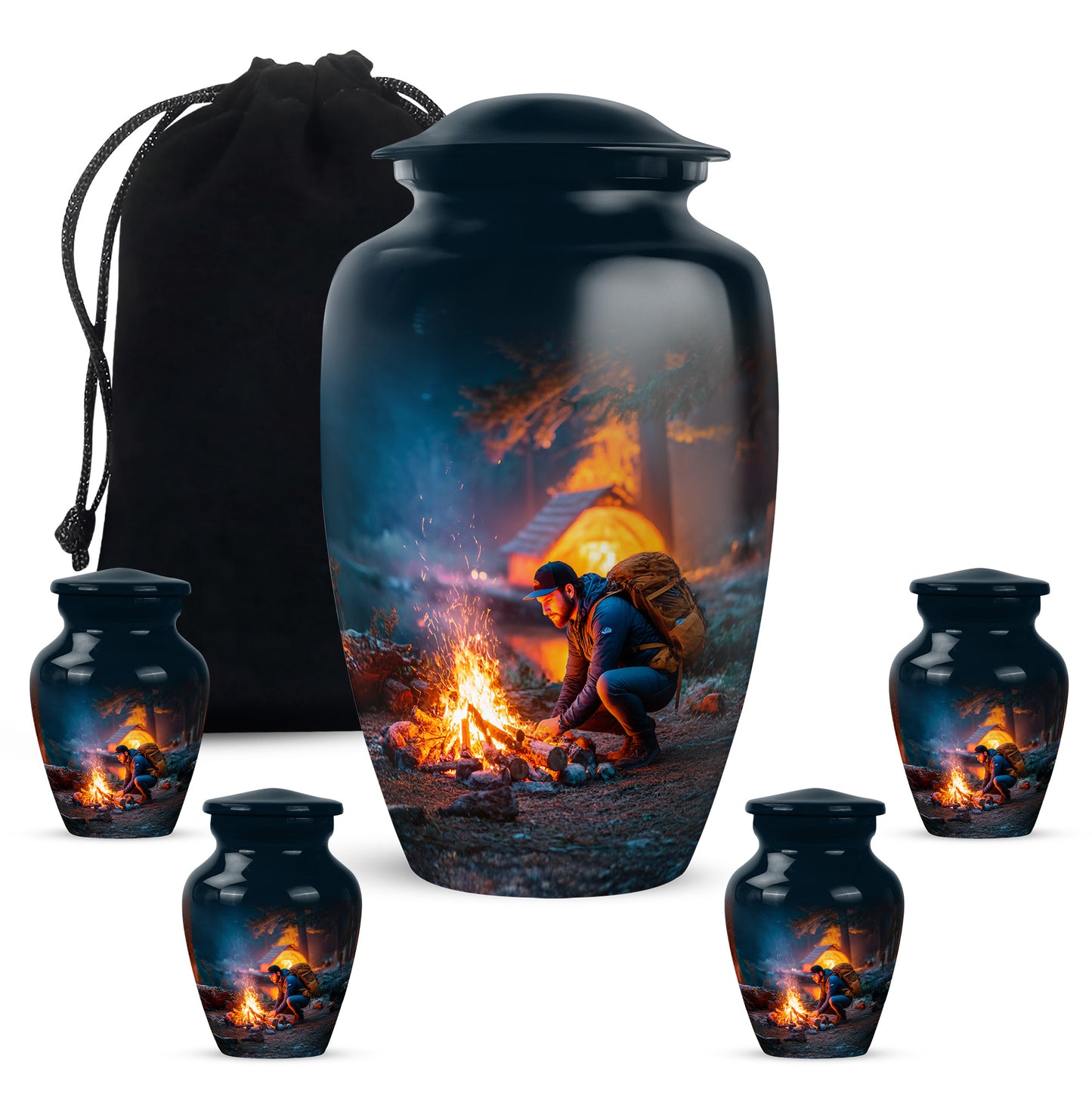 Azure Campfire Cremation Urn top-down view of secure threaded lid - classic sculpted campfire pattern on smooth aluminum - memorial set with one large and four small urns