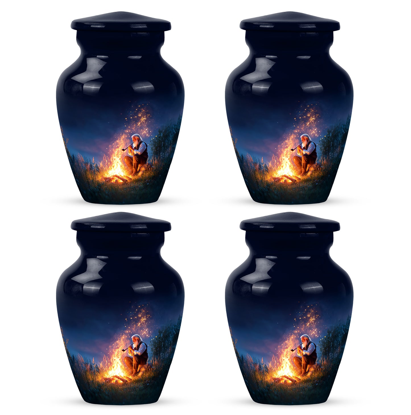 Slate Blue Campfire Cremation Urn side profile showing urn shape - timeless campfire motif etched into premium metal - 10 inch aluminum urn for cremated remains