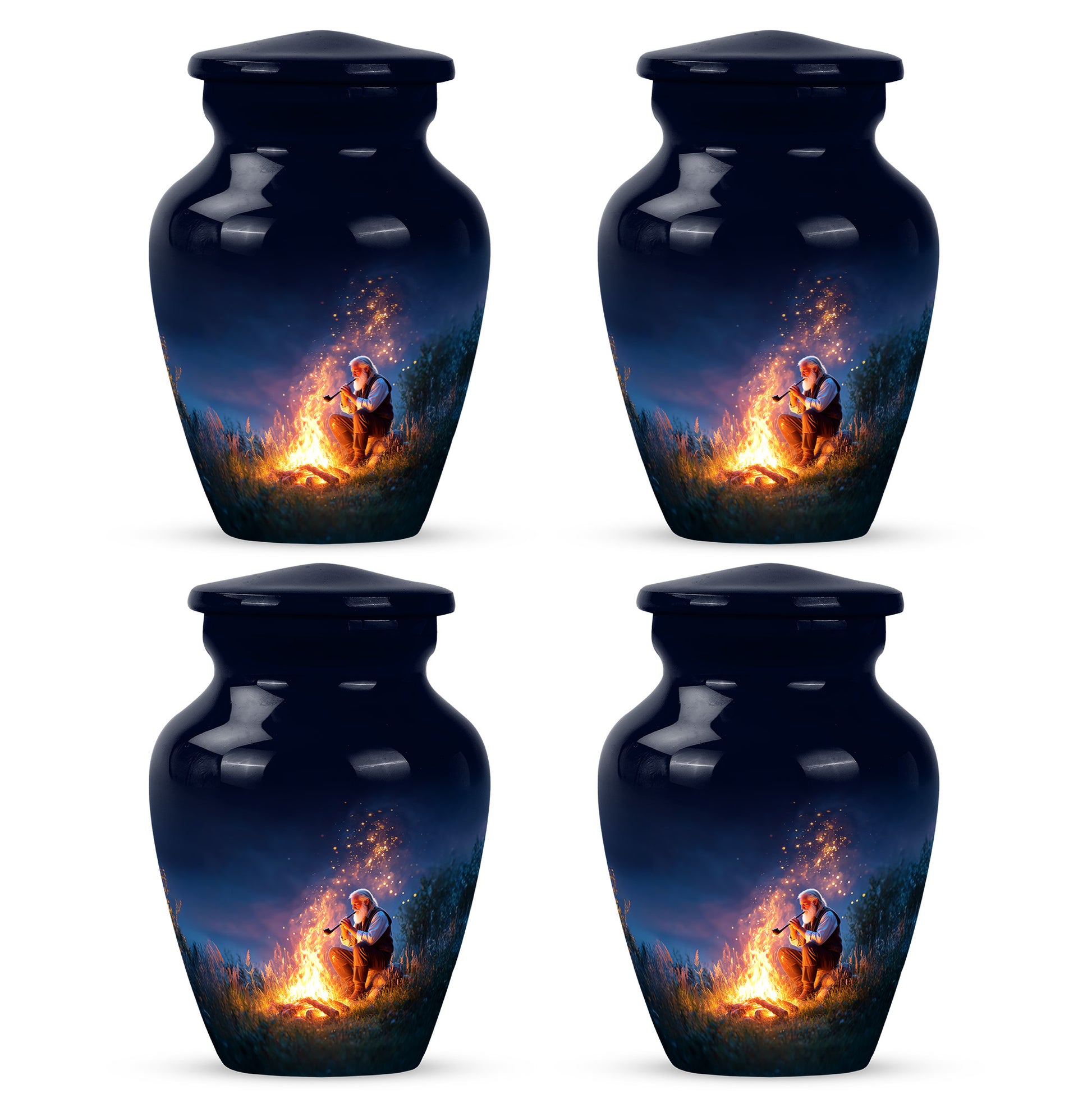 Slate Blue Campfire Cremation Urn side profile showing urn shape - timeless campfire motif etched into premium metal - 10 inch aluminum urn for cremated remains