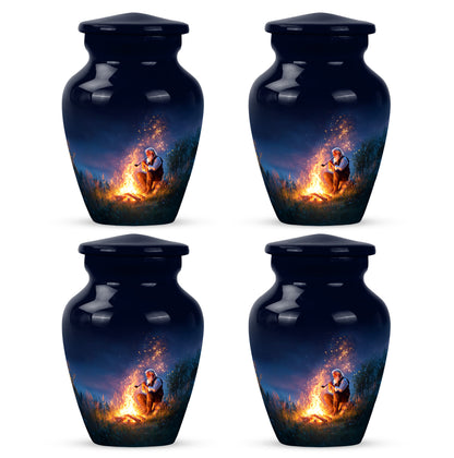 Slate Blue Campfire Cremation Urn side profile showing urn shape - timeless campfire motif etched into premium metal - 10 inch aluminum urn for cremated remains