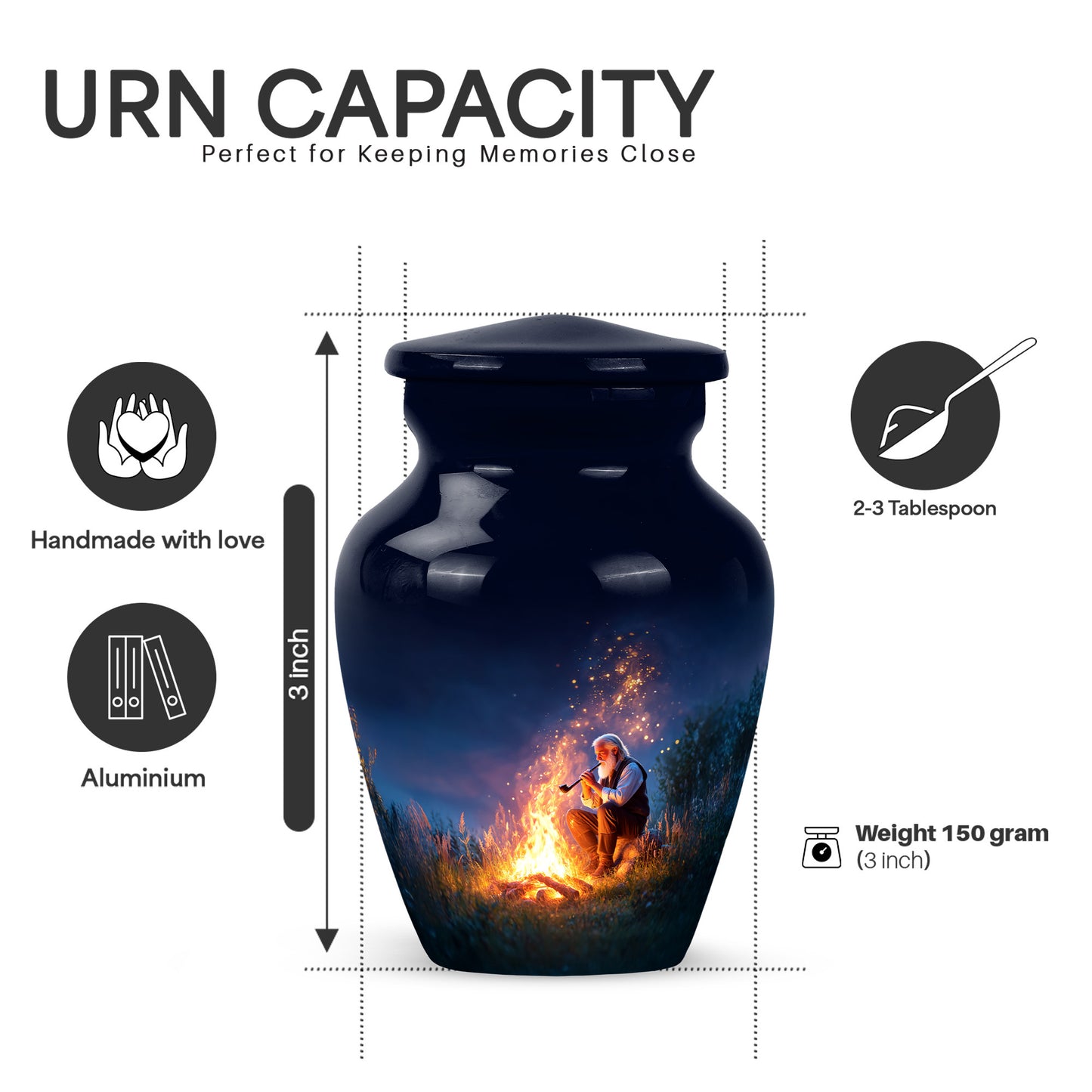Slate Blue Campfire Cremation Urn close-up of engraving and surface detail - timeless campfire motif etched into premium metal - mini keepsake memorial for portion of cremation ashes