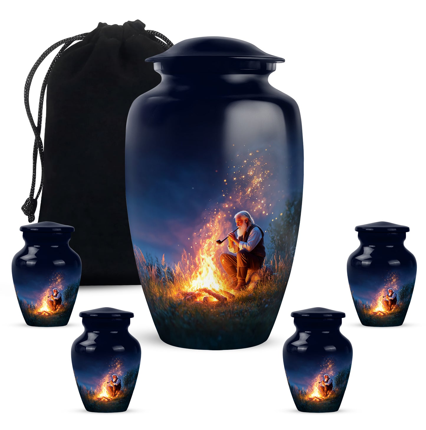 Navy Blue Campfire Cremation Urn top-down view of secure threaded lid - classic sculpted campfire pattern on smooth aluminum - memorial set with one large and four small urns