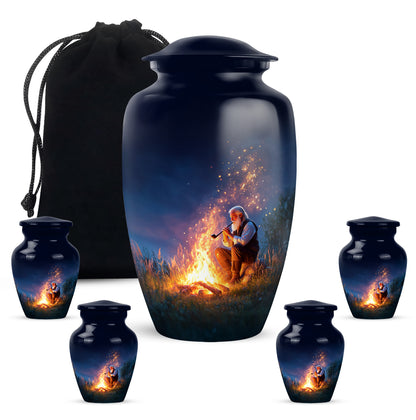 Navy Blue Campfire Cremation Urn top-down view of secure threaded lid - classic sculpted campfire pattern on smooth aluminum - memorial set with one large and four small urns