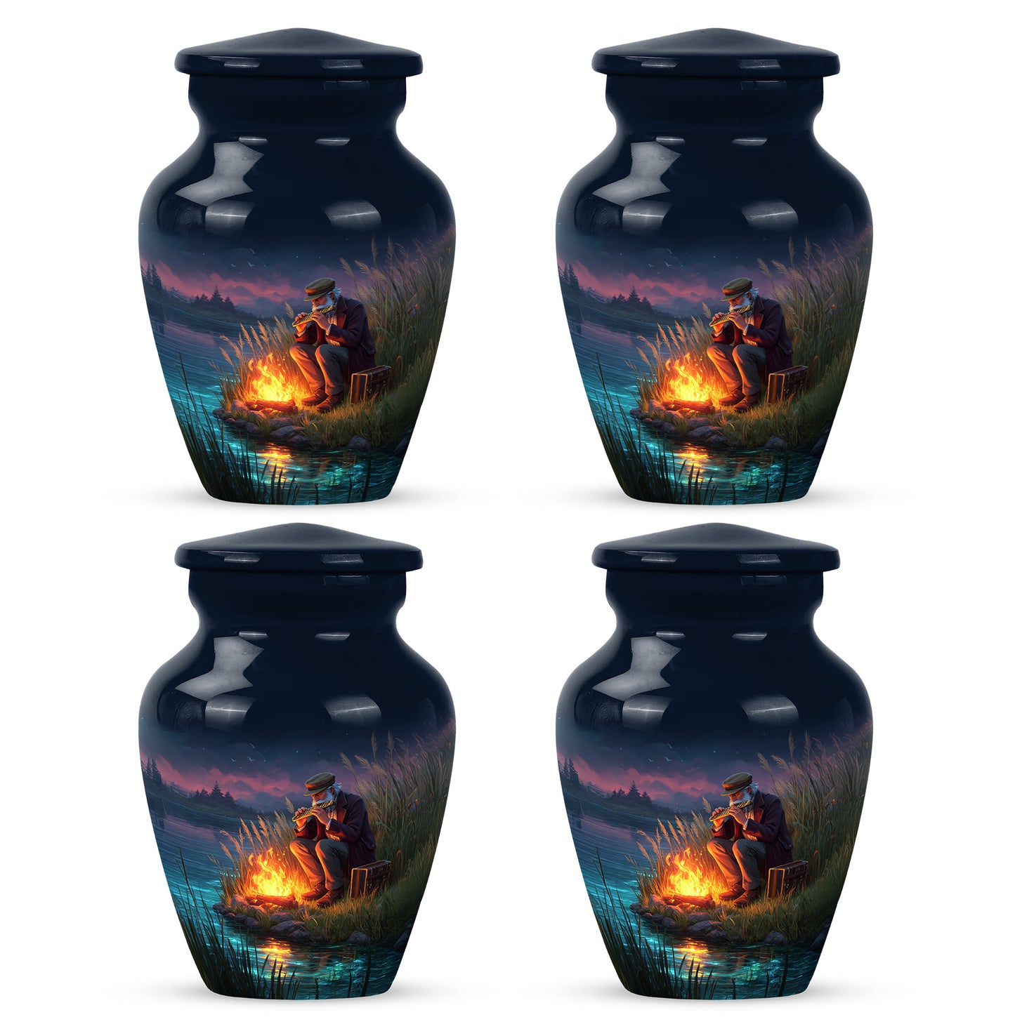 Navy Blue Campfire Cremation Urn side profile showing urn shape - timeless campfire motif etched into premium metal - 10 inch aluminum urn for cremated remains